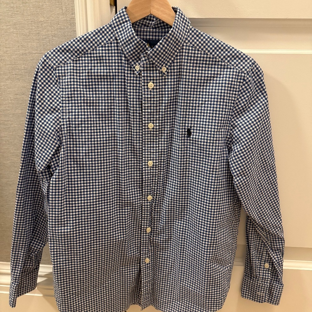 Boys Ralph Lauren gingham poplin button down shirt Navy Size LG (14-16)